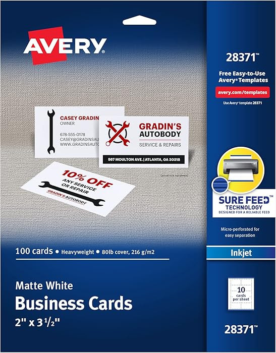Avery Printable Business Cards with Sure Feed Technology, 2" x 3.5", White, 100 Blank Business Ca... | Amazon (US)