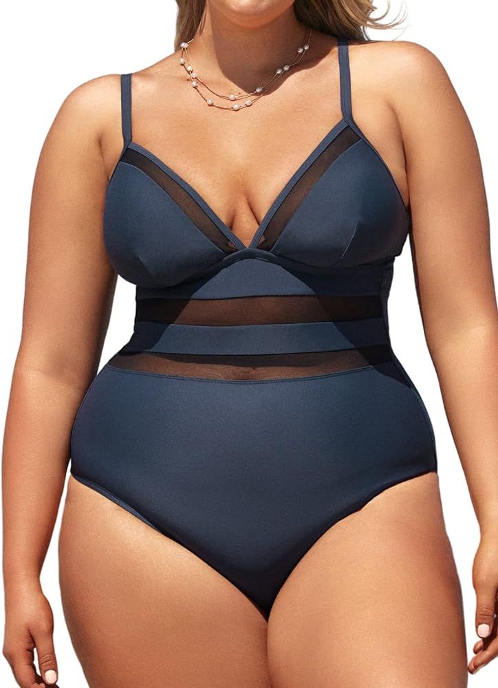 CUPSHE Women Swimsuit Plus Size One Piece Bathing Suit Mesh Sheer Panel with Adjustable Spaghetti... | Amazon (US)