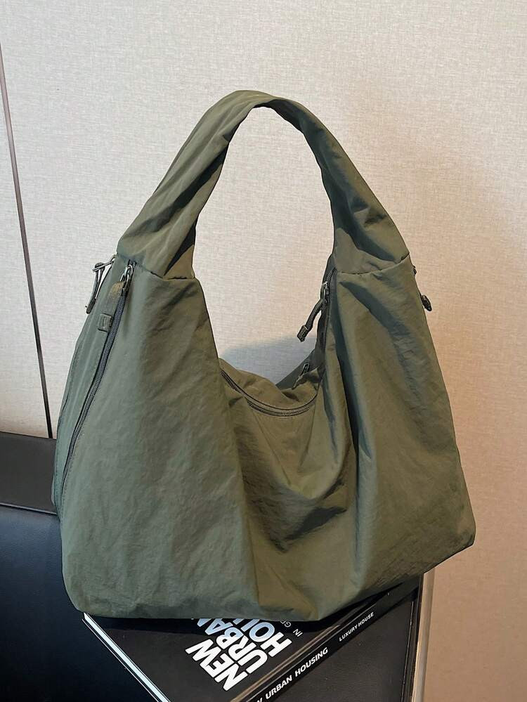 2025 Spring/Summer New Muted Green Nylon Casual Tote Bag, Large Capacity Solid Color Shoulder Bag, Slouchy Japanese Style, Versatile College Style School Bag, Minimalist Fashion Handbag, Travel Weekender With Double Zipper Pockets | SHEIN