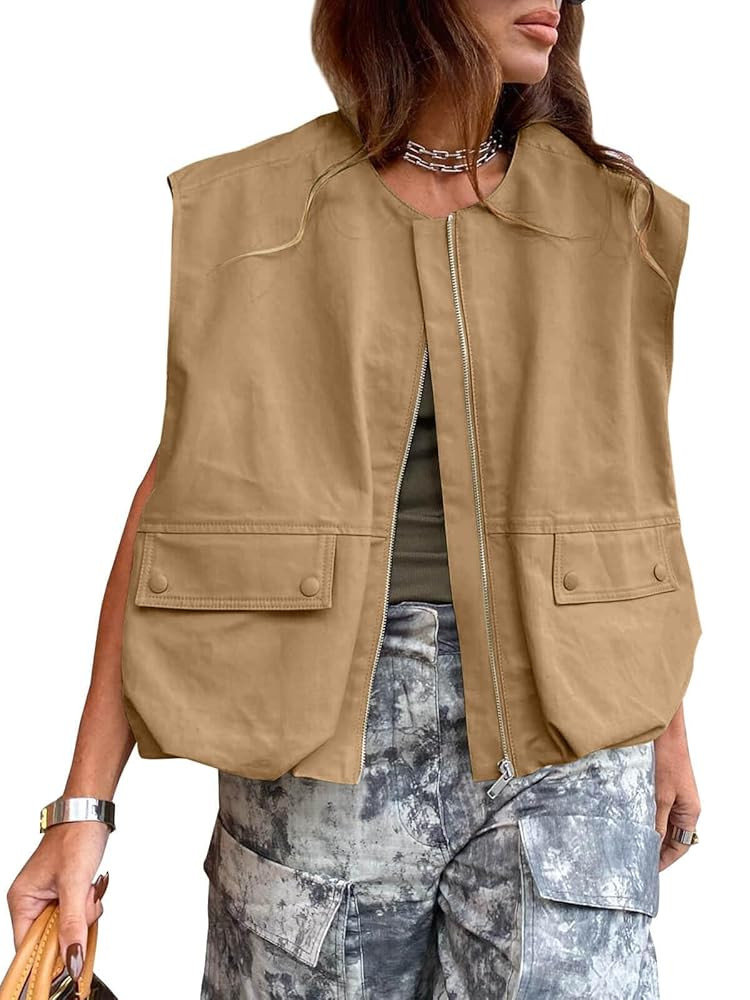 Tankaneo Womens Casual Zip Up Vest Cargo Oversized Ruched Hem Sleeveless Blazer Jackets Tops | Amazon (US)