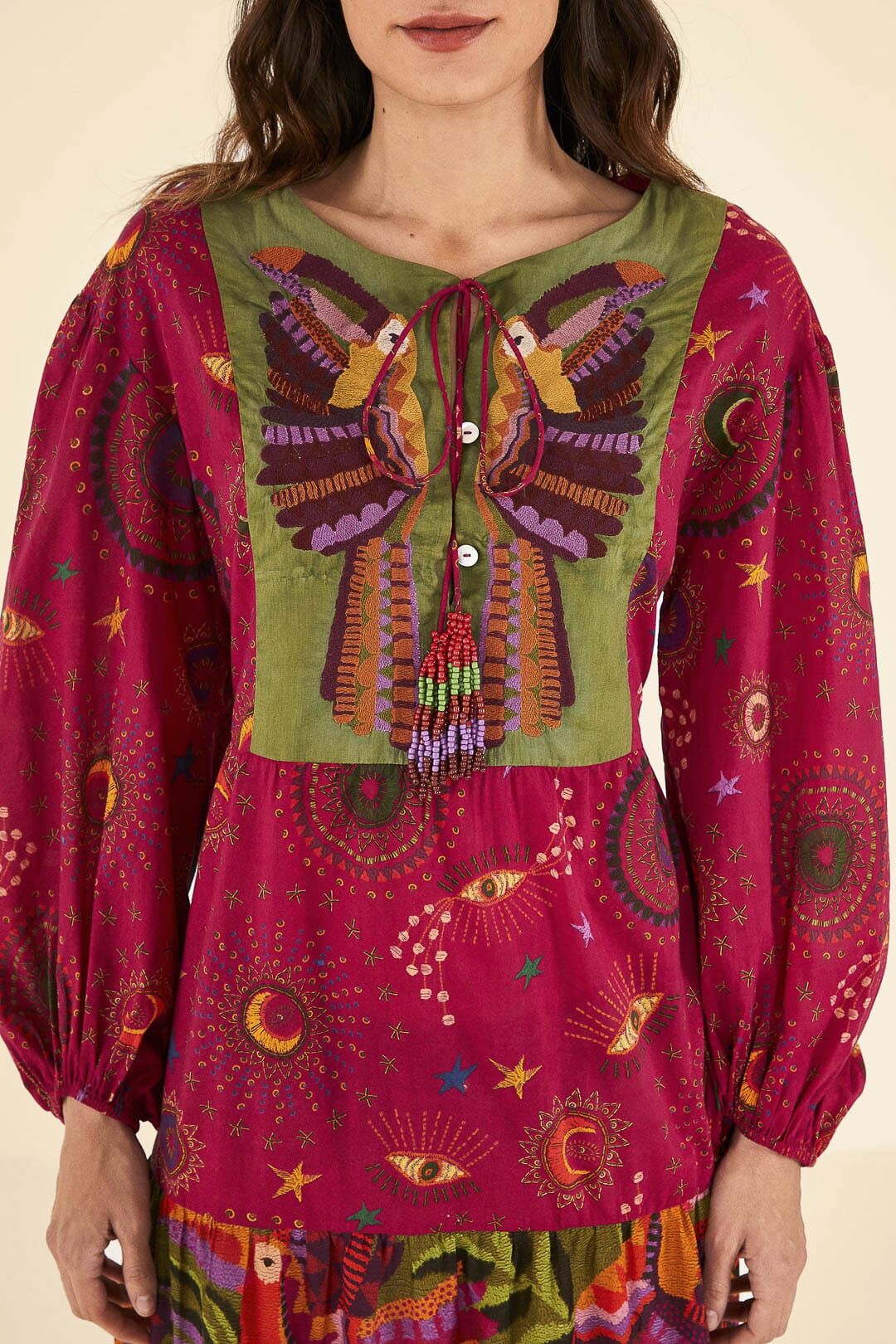 mixed prints embroidered yoke maxi dress | FarmRio