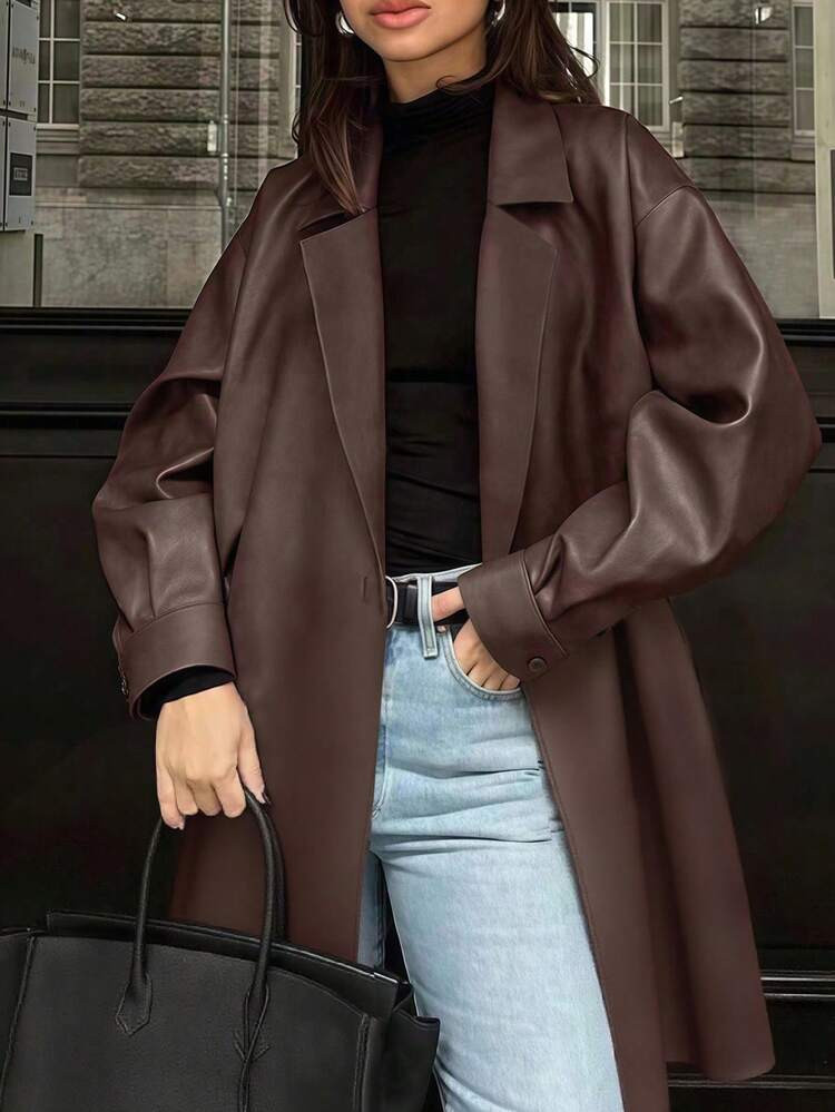 INAWLY New Retro Chic Fashion Loose Fit Versatile Women Coffee Brown Mid-Length Leather Jacket | SHEIN