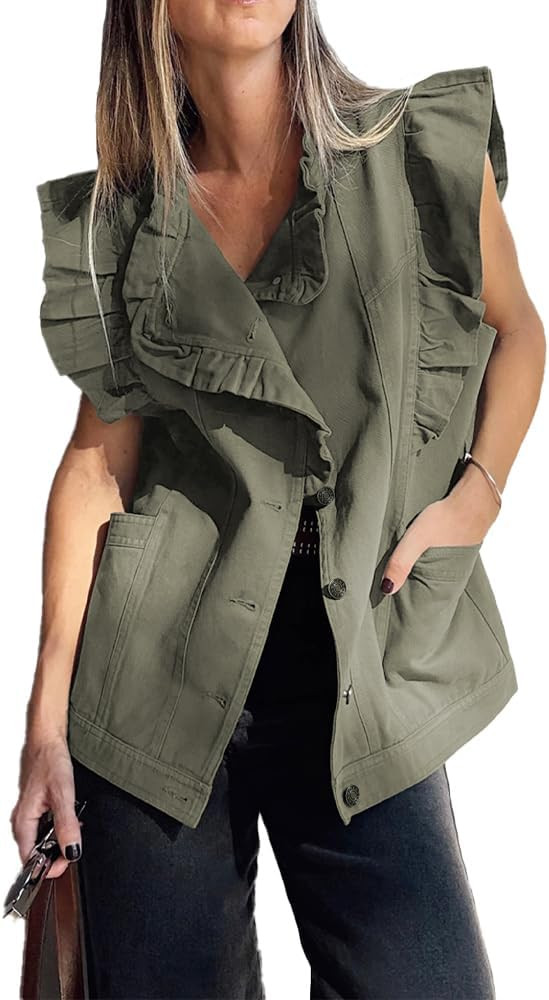 Ruffle Denim Vest Top for Women Cap Sleeve Button Up Long Jean Vest Sleeveless Jacket | Amazon (US)