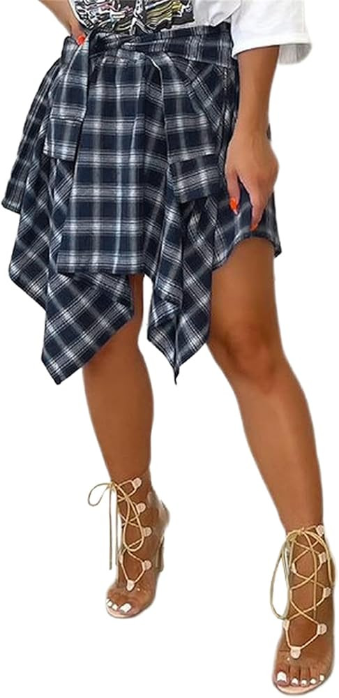 Women's Plaid Skirts High Waisted Knot Front Asymmetrical Hem Mini Skater Skirt | Amazon (US)