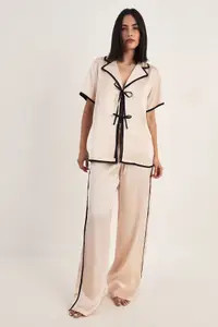 Satin Tie Detail Shirt and Pant Pajama Set | Nasty Gal US