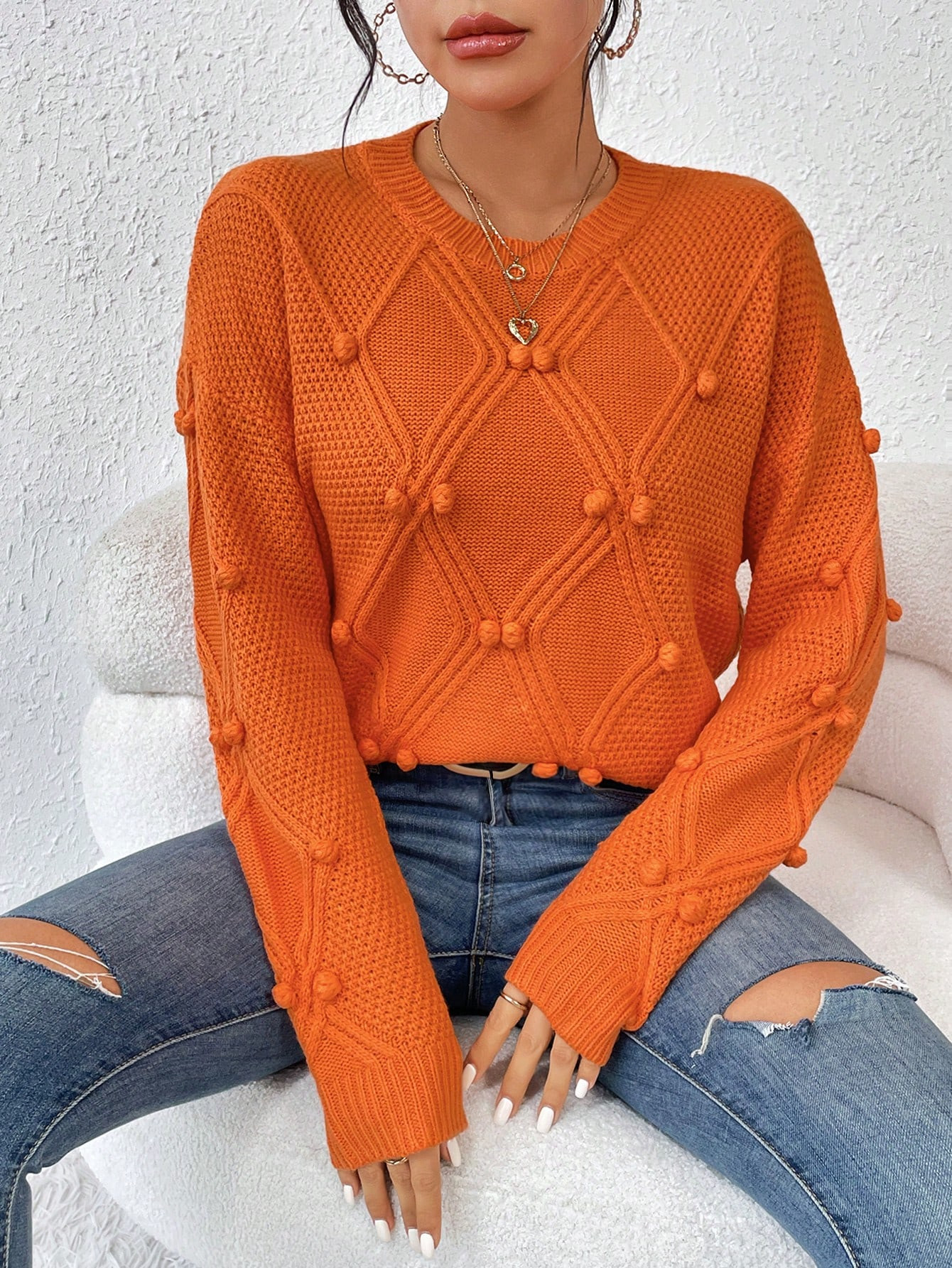 SHEIN Essnce Popcorn Knit Drop Shoulder Sweater | SHEIN