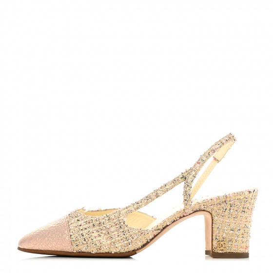 CHANEL Tweed Cap Toe CC Slingback Pumps 39 Pink White | Fashionphile
