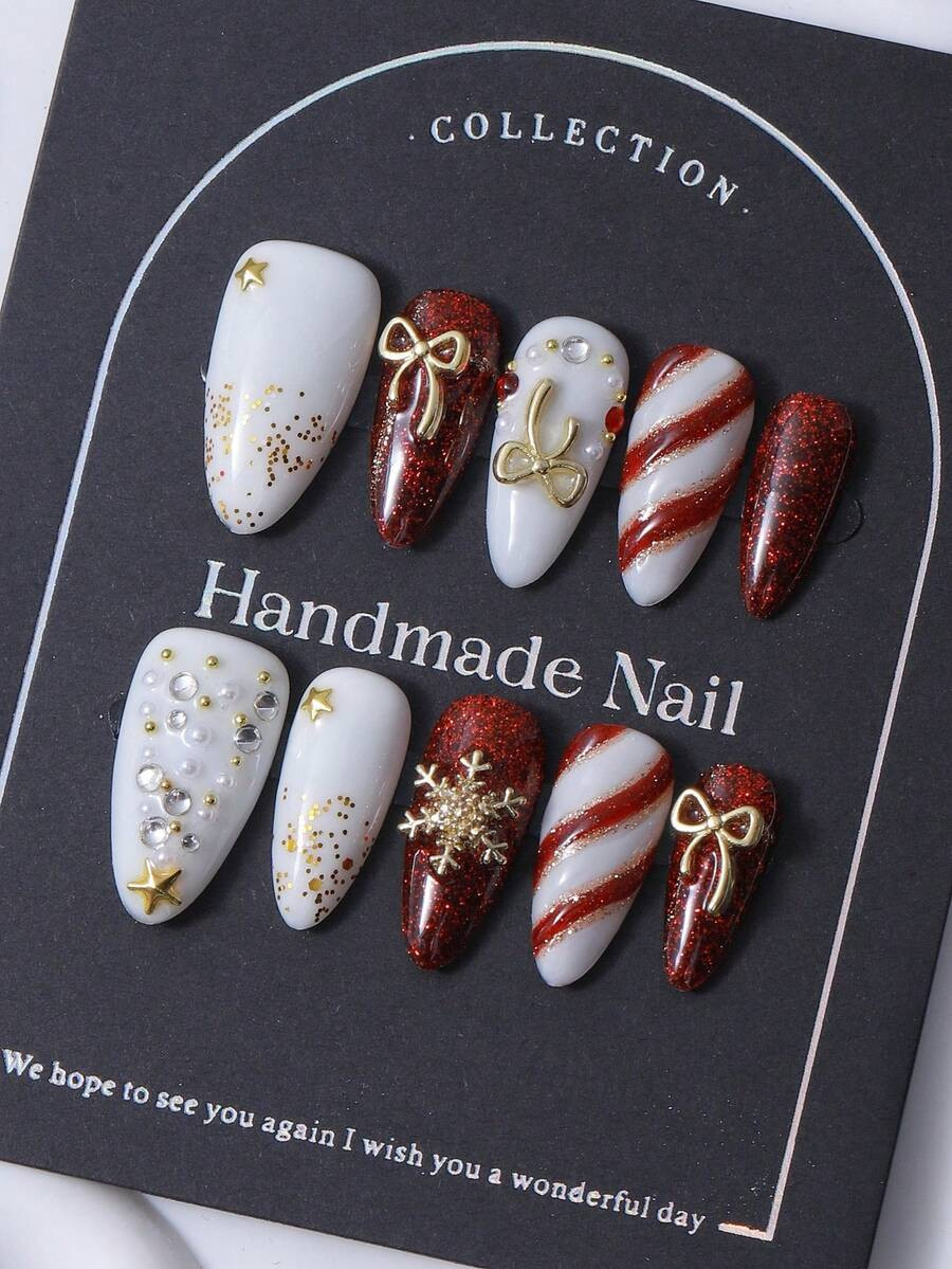 10pcs/Set Press On Nails, Almond Shaped Nail Tips, Christmas Themed Designs Featuring Hand Painte... | SHEIN