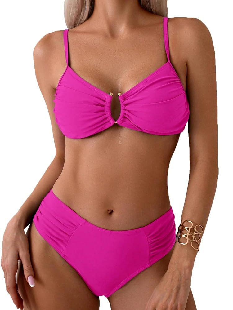 Fanuerg Women's Ruched Bikini Sets U-Wire Linked Two Piece Swimsuit Mid Waist 2025 Swim Bathing S... | Amazon (US)