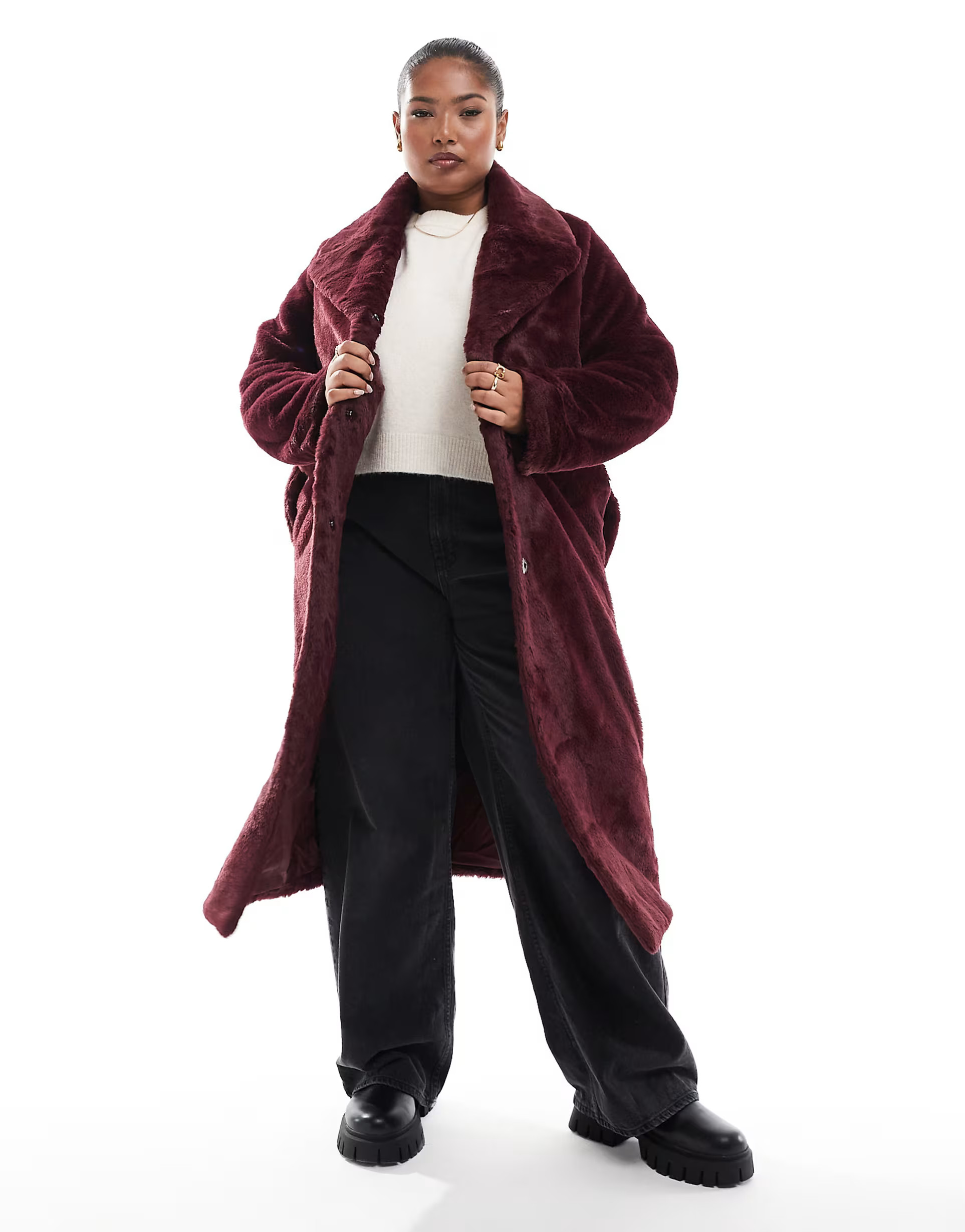 Yours plush faux fur maxi coat in berry | ASOS (Global)