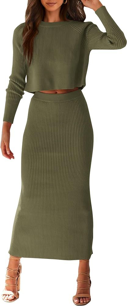 PRETTYGARDEN Women's Fall 2 Piece Sweater Set Rib Knit Long Sleeve Crop Top Maxi Bodycon Skirt Ca... | Amazon (US)