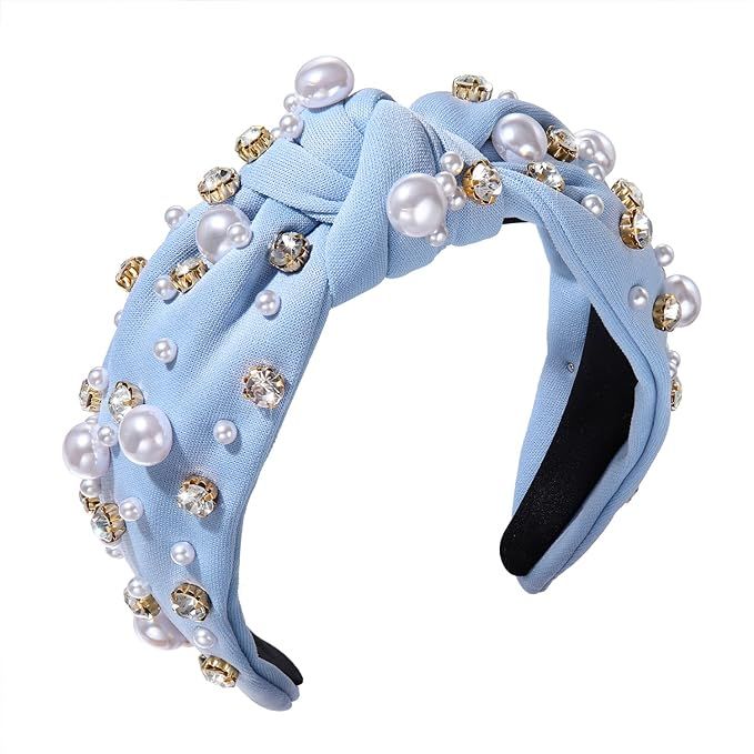 Pearl Knotted Headband for Women White Pearl Rhinestone Crystal Jeweled Embellished Hairband Fash... | Amazon (US)