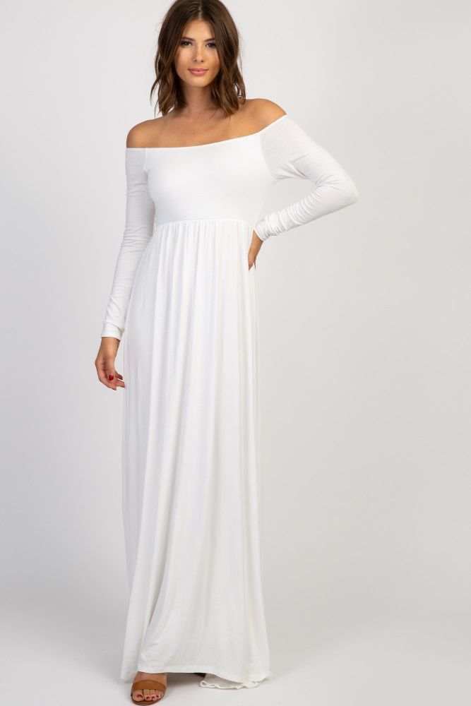 Ivory Solid Off Shoulder Maternity Maxi Dress | PinkBlush Maternity