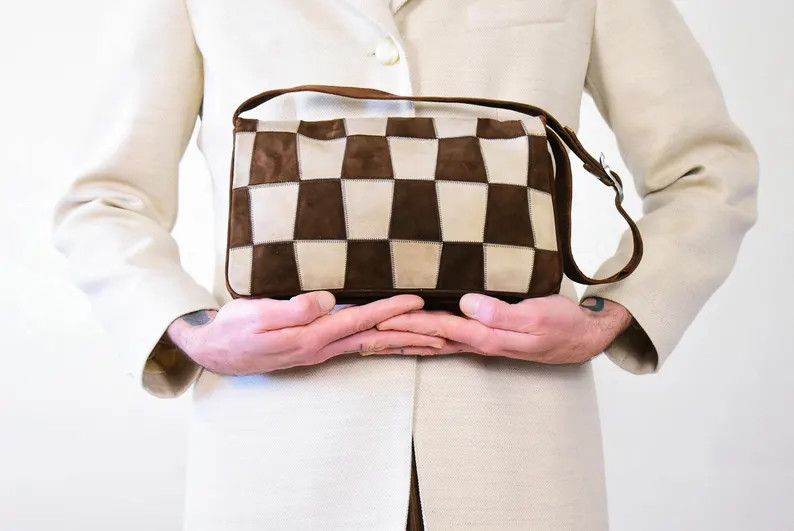 Vintage 70s Suede Patchwork Shoulder Bag | Brown & Cream Geometric Leather Purse Made in Italy - ... | Etsy (US)