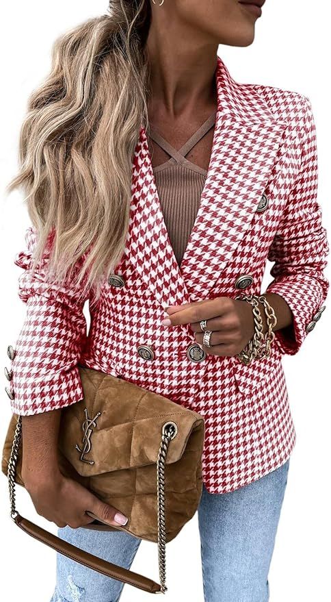 GAMISOTE Womens Houndstooth Suit Long Sleeve Notched V Neck Casual Button Down Blazer | Amazon (US)