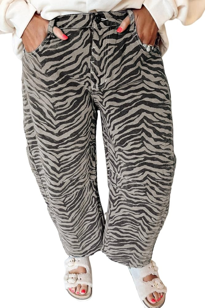 Apvirdy Womens Zebra Print Cropped Barrel Jeans Striped High Waisted Wide Leg Denim Pants Loose F... | Amazon (US)