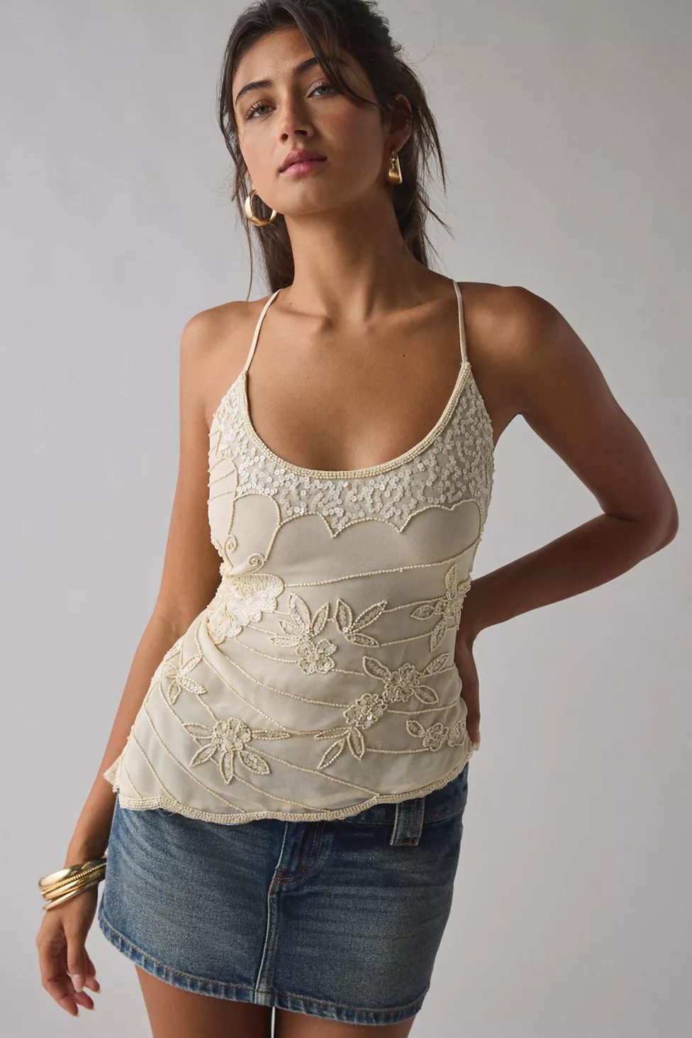 UO Brittney Beaded Embroidered Lace-Up Open Back Tank Top | Urban Outfitters (US and RoW)