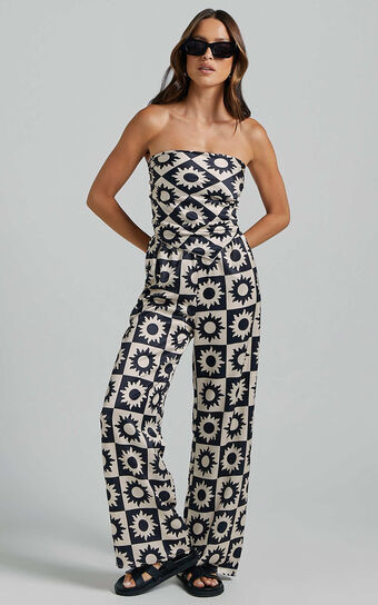 Augusta Two Piece Set - Scarf Top and Pants Two Piece Set in Black and Cream Print | Showpo (ANZ)