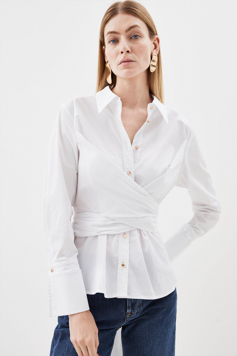 Cotton Poplin Wrap Detail Woven Shirt | Karen Millen US