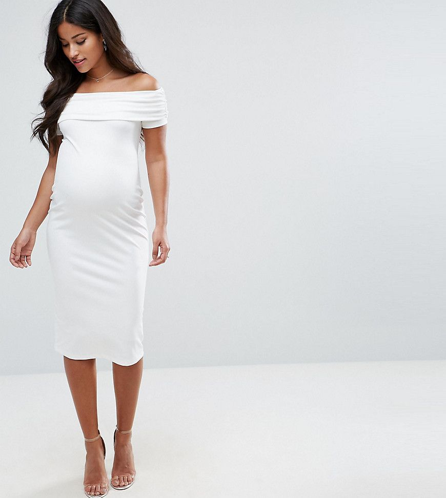 ASOS Maternity Deep Bardot Midi Bodycon Dress - Cream | ASOS US
