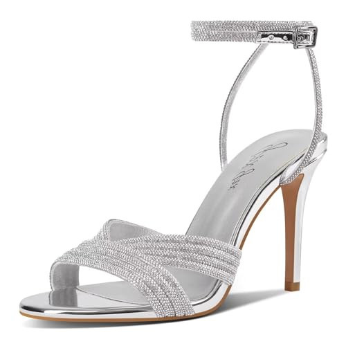 GPXGPX Women's Rhinestone Silver High Heel Sandals Sparkly Stilettos Heeled Ankle Strap Stilettos Round Open Toe Dressy Weddings Sexy Sandals Shoes | Amazon (US)