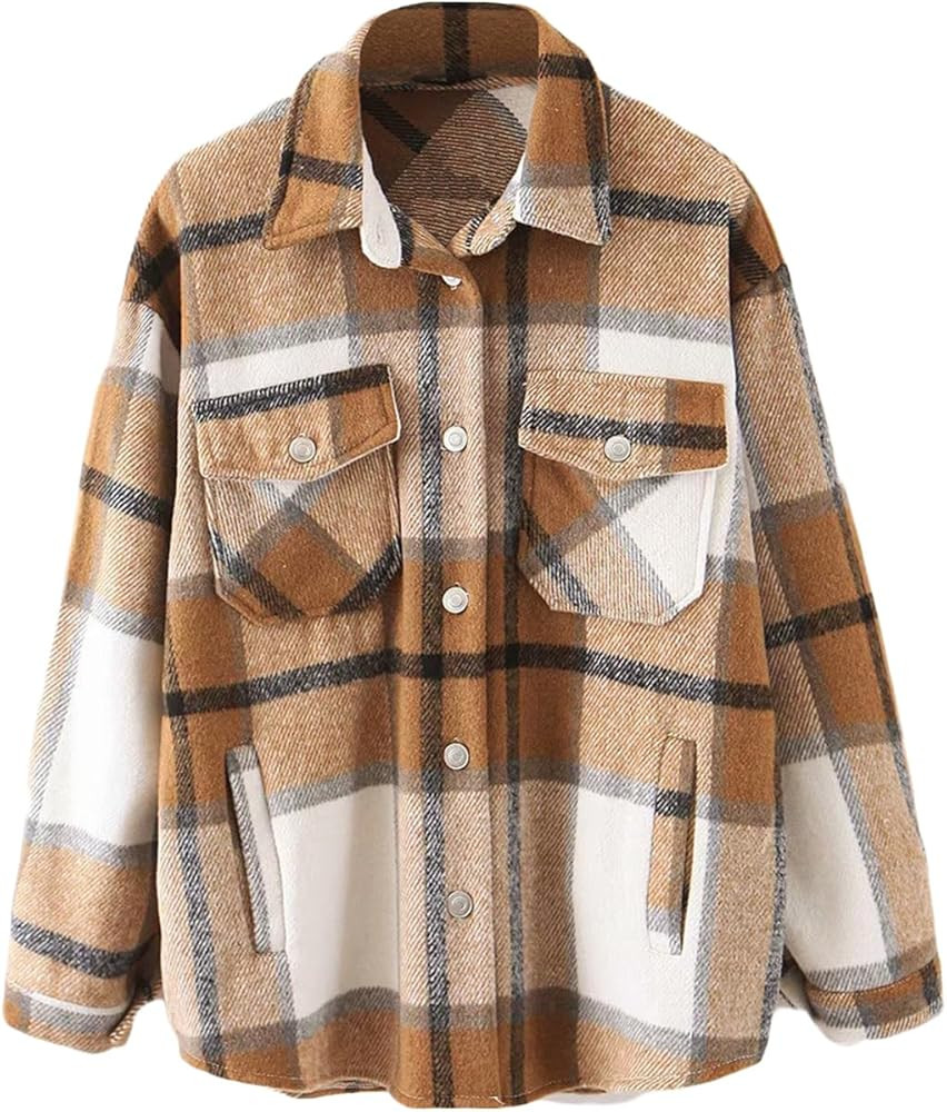 Lviefent Womens Casual Wool Blend Plaid Flannel Shackets Jacket Button Down Shirt Coat | Amazon (US)
