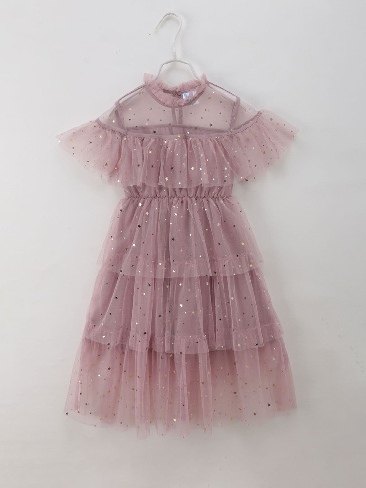 Girls Galaxy Ruffle Frill Neck Mesh Dress | SHEIN