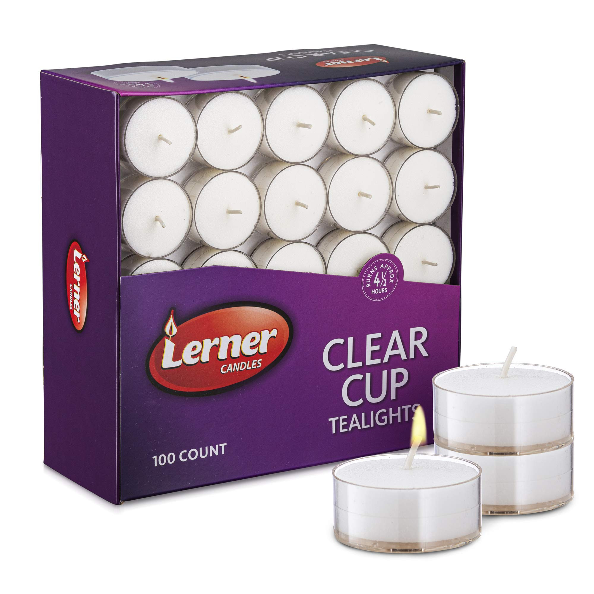 Lerner Clear Tea Lights Candles Bulk - 4.5 Hour Clear Cup Tealight 100 Pack - Consistent Smkless ... | Amazon (US)