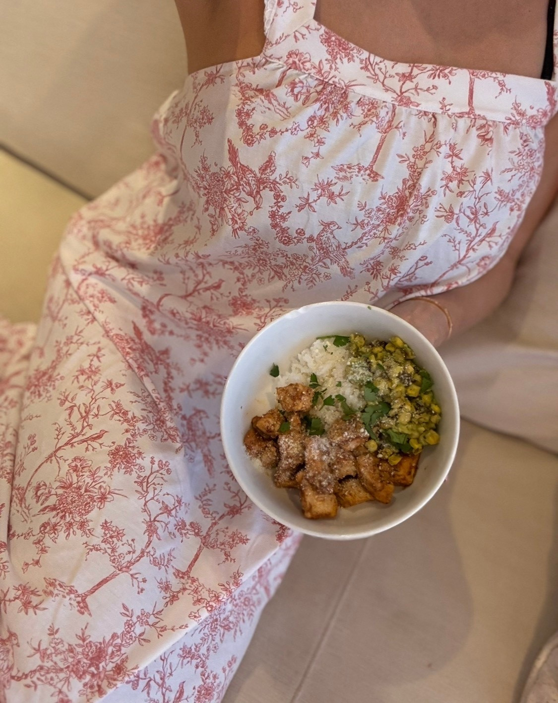 Chicken elote bow with jasmine rice, corn salsa, cotija cheese, cilantro. Early dinner in the most elegant and luxurious nightgowns💗🌸

#LTKootd #LTKfoodie #LTKmomlife