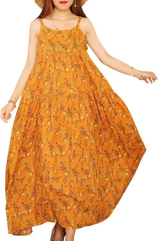 Beaurex Women's Cotton Floral Print Maxi Dresses Spaghetti Strap Casual Long Boho Summer Beach Dr... | Amazon (US)