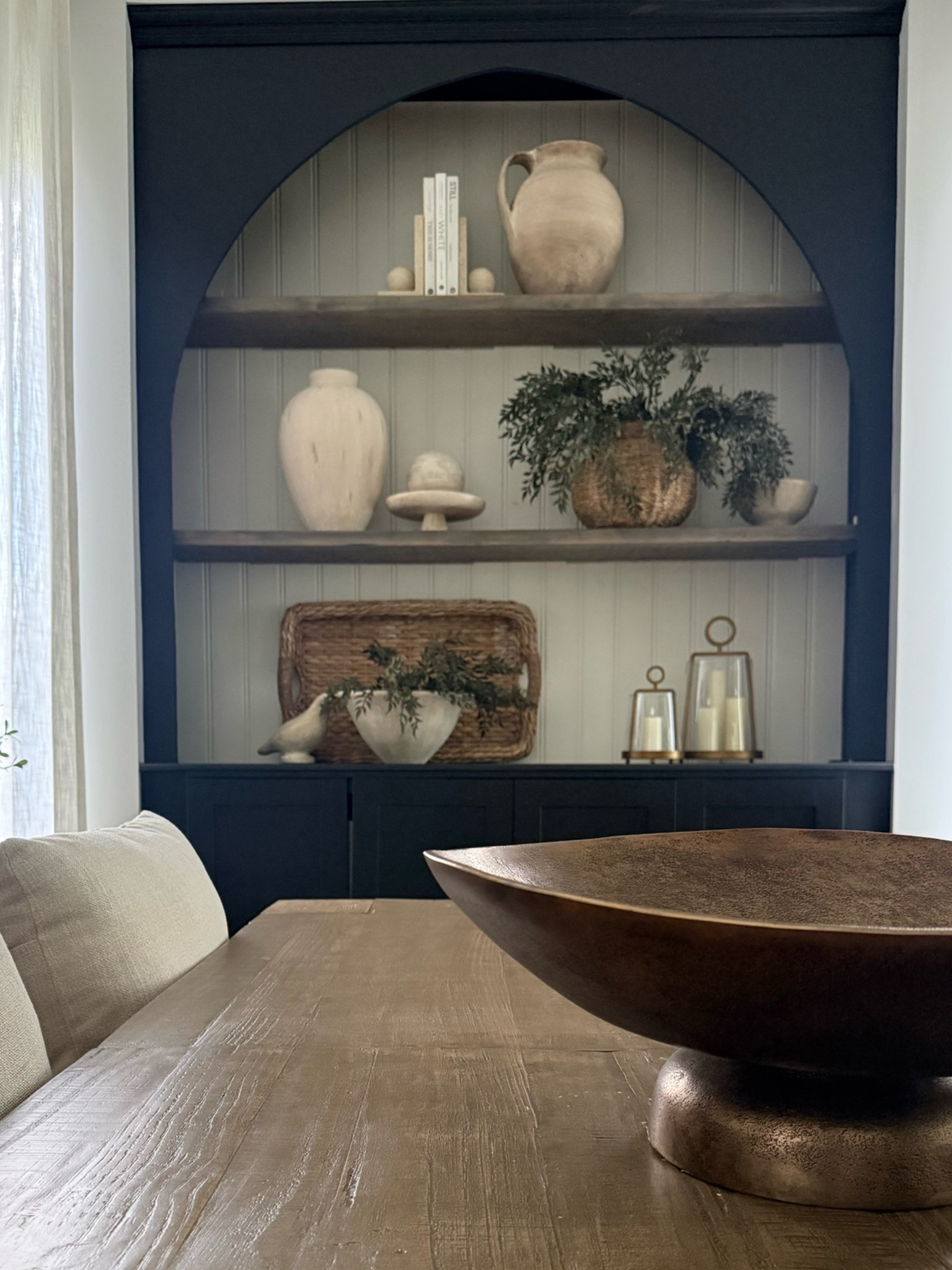 Dining room shelf styling …modern, organic, cohesive.