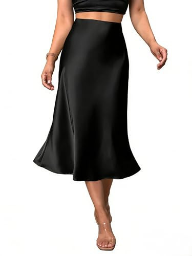 Women's Satin Midi Skirt Elegant Fishtail Silk A Line Casual Skirts for Party Wedding (Black, Small) | Amazon (US)
