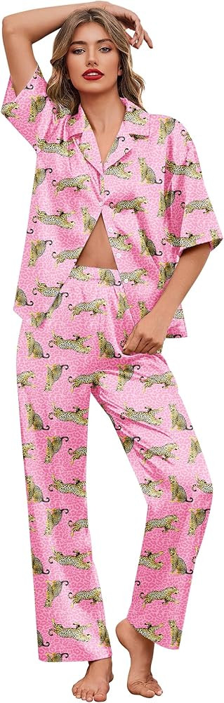 Ekouaer Silk Satin Pajamas Set Women Short Sleeve Pj Sets Button Down Sleepwear 2 Piece Soft Loun... | Amazon (US)