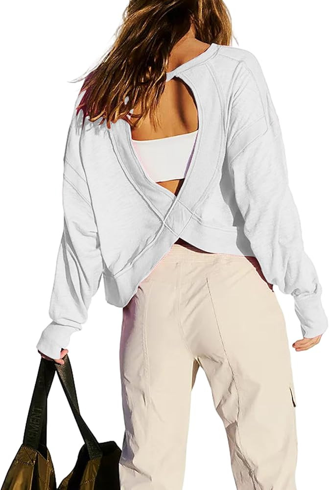 Womens Workout Tops Long Sleeve Open Back Gym T Shirts Oversized Solid Athletic Running Tee | Amazon (US)