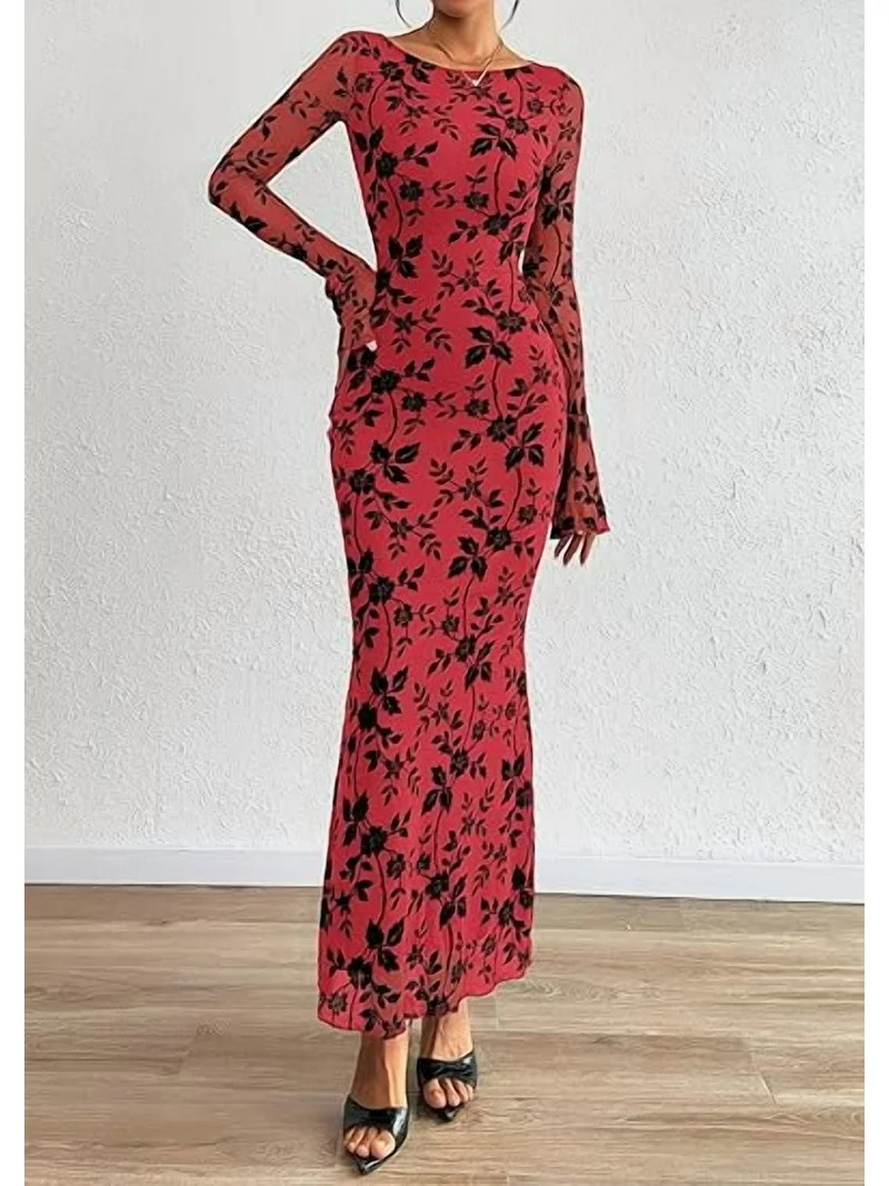 PRETTYGARDEN Women's Floral Bodycon Maxi Dress Fall Elegant Mesh Long Sleeve Formal Wedding Guest... | Walmart (US)