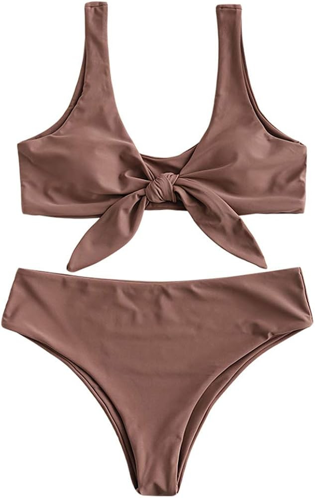 ZAFUL Women's Spaghetti Strap Tie Knot Front Stripe Print Stripe Swimsuit Natural Waist Solid Two... | Amazon (US)