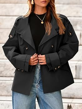 Tankaneo Womens Cropped Trench Coat Oversized Double Breasted Stand Collar Short Jacket Fall Casu... | Amazon (US)