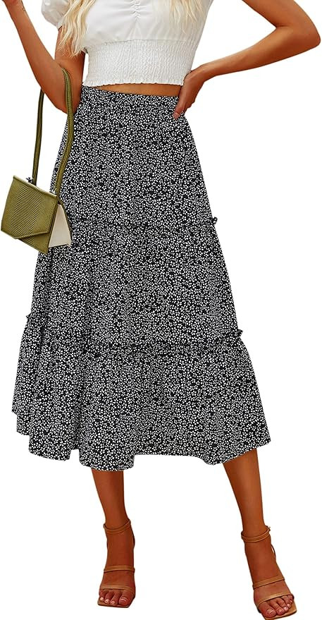 Hibluco Women's Floral Midi Skirts Elastic High Waist A-Line Swing Skirts | Amazon (US)