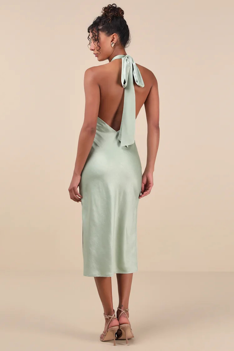 Angelique Sage Satin Backless Halter Midi Dress | Lulus