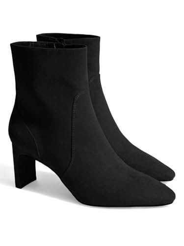 Coutgo Womens Chunky Low Heel Ankle Boots Square Pointed Toe Side Zipper Booties Faux Suede Fall Shoes, Black, Size 9.5 | Amazon (US)