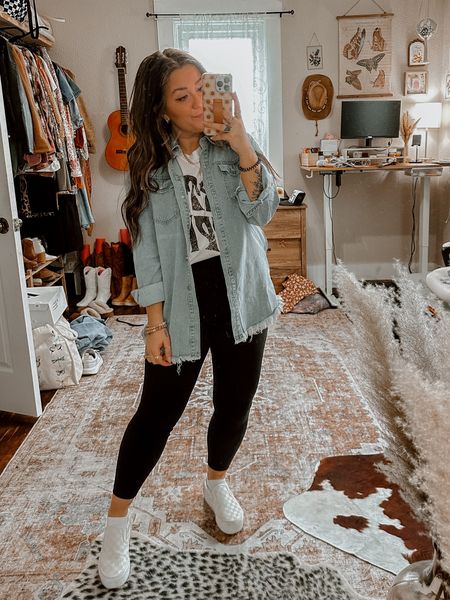 Comfy cozy spring shopping outfit of the day! Dirty hippie shirt in XL just tucked and cropped. Wearing small in leggings. Denim oversized shacket wearing medium. Turtledove beige and white platform checkered vans wearing my TTS 7 

#LTKshoecrush #LTKSeasonal #LTKU