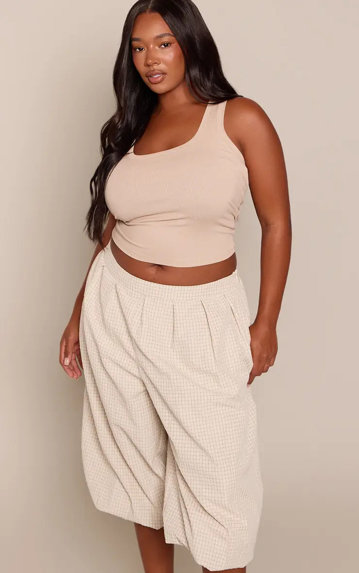Stone PrettyLittleThing Check Cotton Puffball Jorts | Boohoo USA | boohoo (US & Canada)