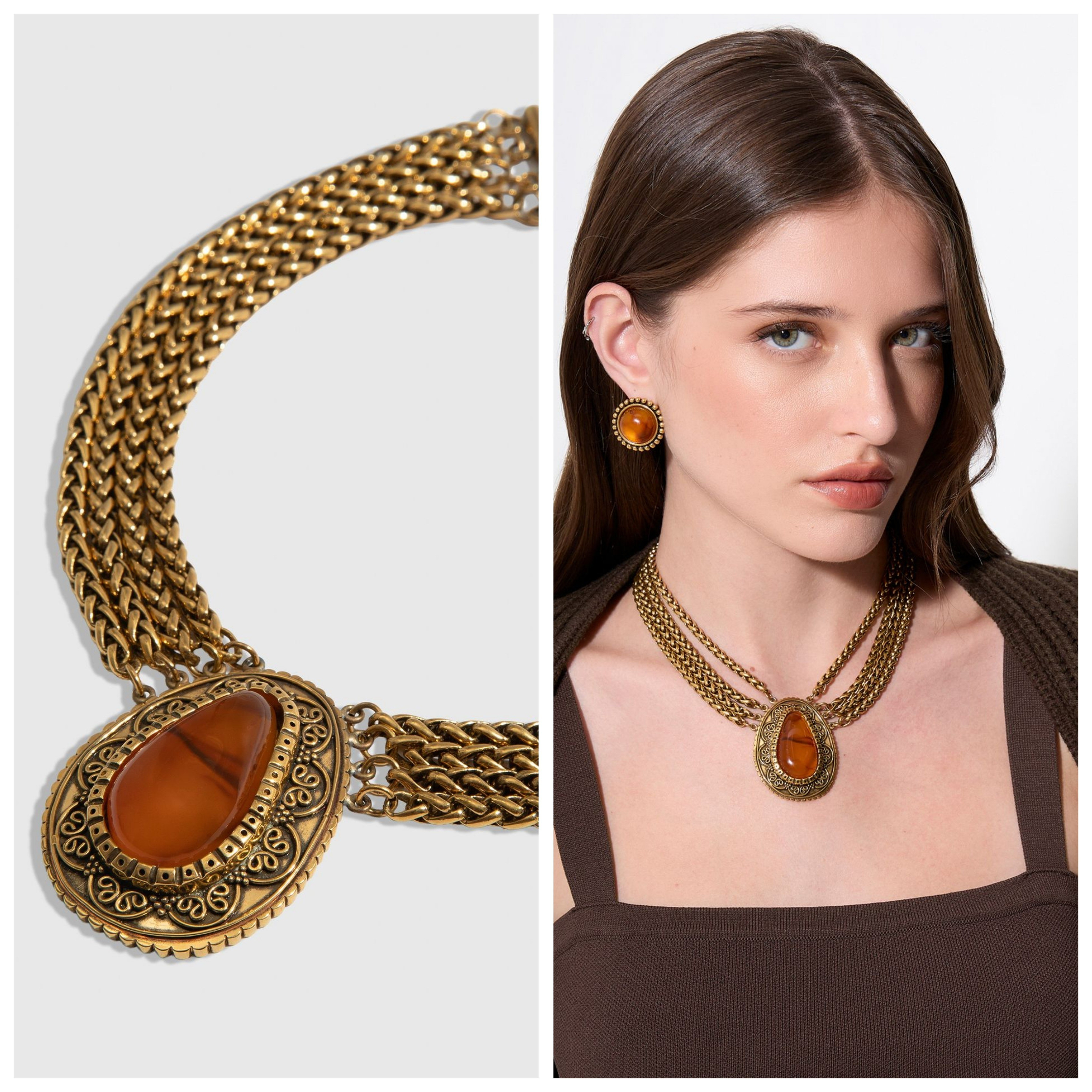 Perfeita para criar contraste e valorizar o colo, além de garantir um styling atual.A Choker é confeccionada em metal com banho dourado, possui corrente com quatro voltas, pingente central fixo em formato de camafeu, com detalhes em filigrana, pedra resinosa em formato de gota e fechamento por gancho.

#LTKdicadeestilo