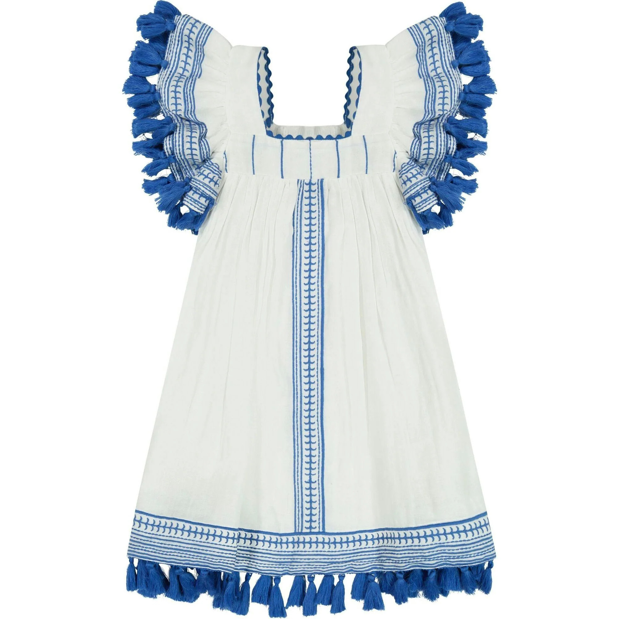 Serena Girl's Tassel Dress White Lapis Blue Embroidery, Blue | Maisonette