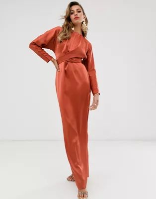 ASOS DESIGN maxi dress with batwing sleeve and wrap waist in satin | ASOS (Global)