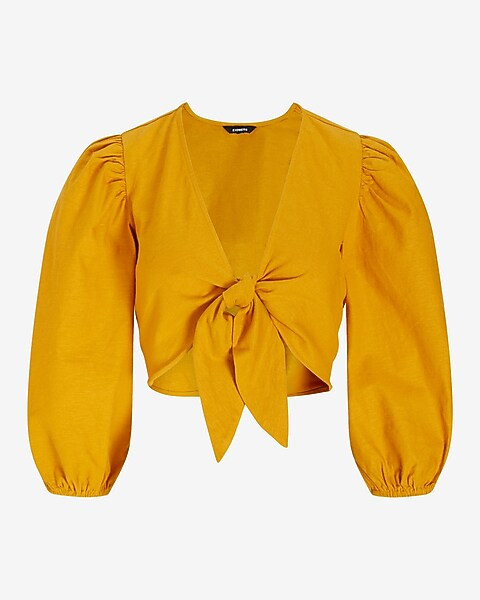 Linen-Blend Tie Front Puff Sleeve Cropped Top | Express