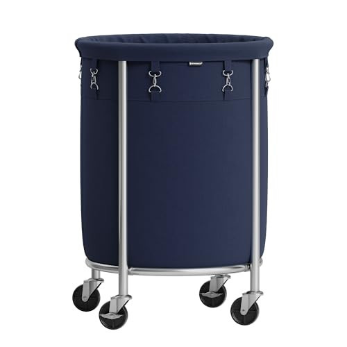 SONGMICS Laundry Basket with Casters, Rolling Laundry Hamper, 29 Gal., Round Laundry Cart with Steel Frame and Removable Bag, 4 Casters and 2 Brakes, Charcoal Blue and Metallic Silver URLS002Q01 | Amazon (US)