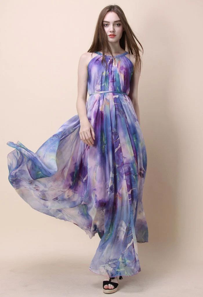 Floral Watercolor Maxi Slip Dress in Violet | Chicwish