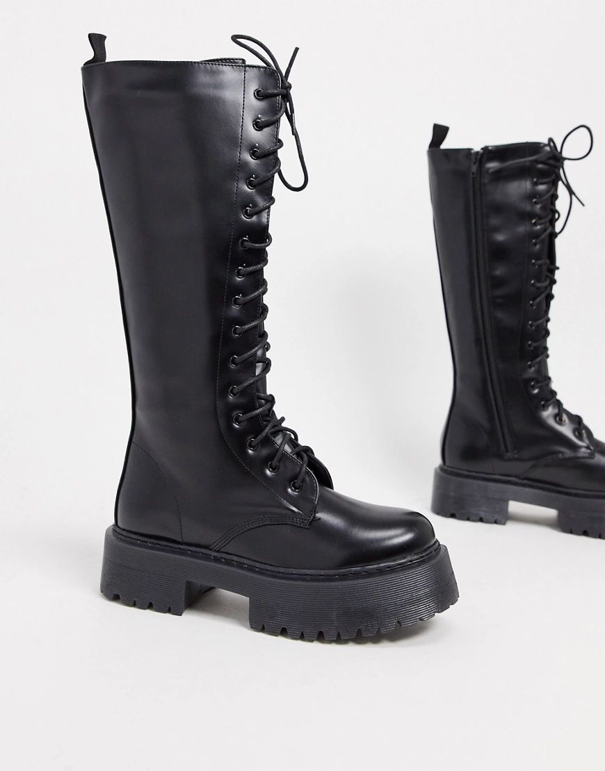 Public Desire Surrender flat lace up chunky boots in black | ASOS (Global)