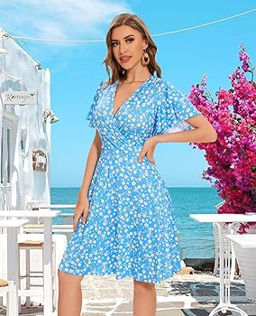 Women Casual Summer Dress 2025 Beach Vacation Floral Sundress Short Sleeve Wrap V-Neck Modest Dre... | Amazon (US)